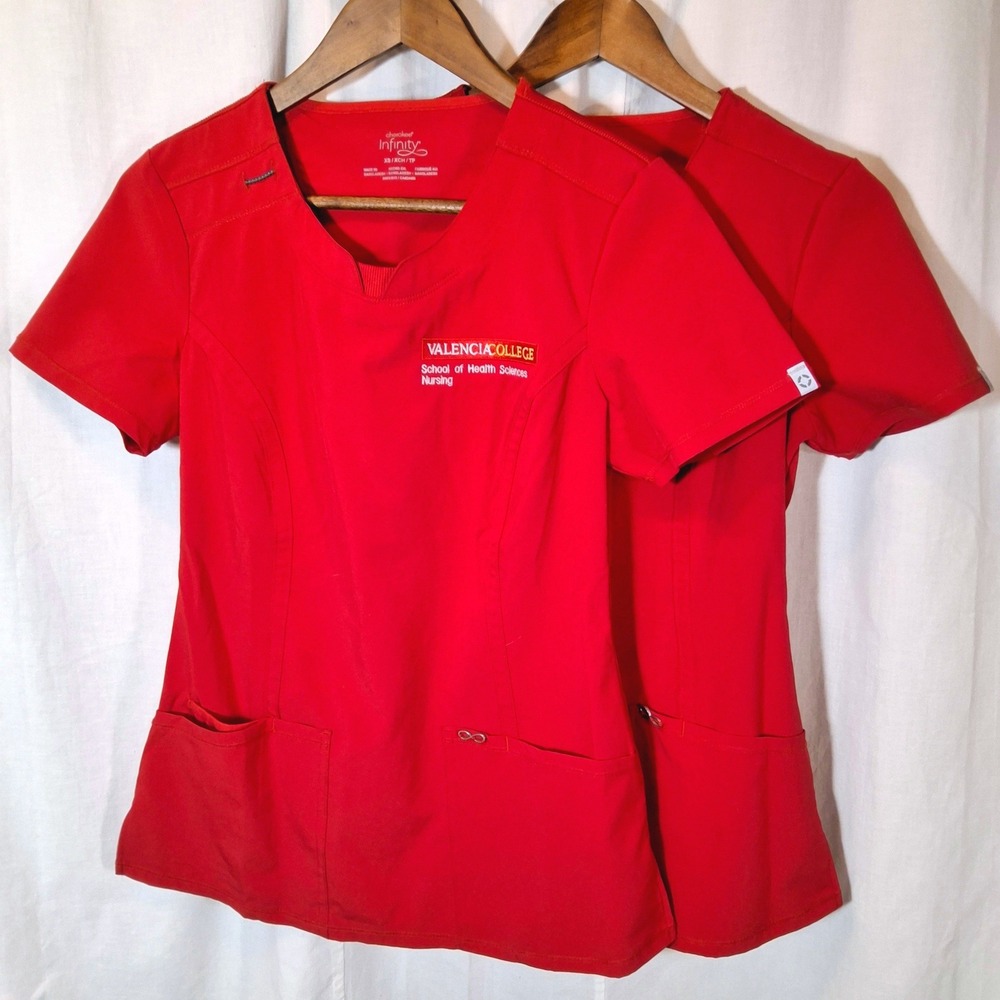 2 Valencia College Scrub Tops Women XS Red School of Health Sciences Nursing